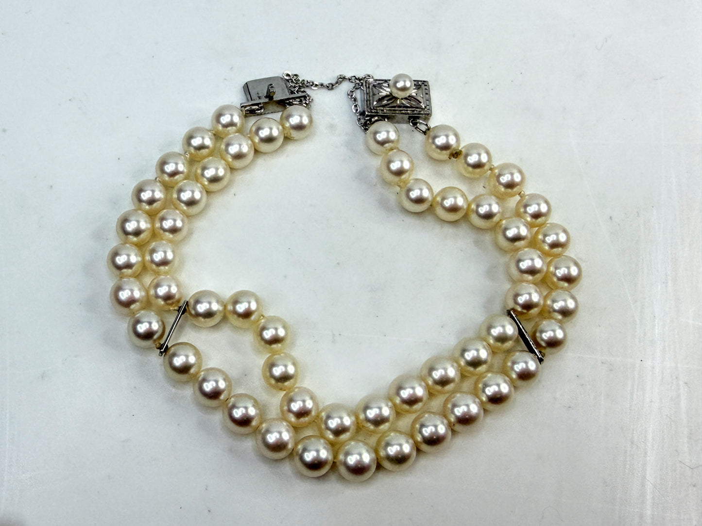 Vintage Mikimoto 14K White Gold Double Strand Pearl Bracelet 7.5" JR1523