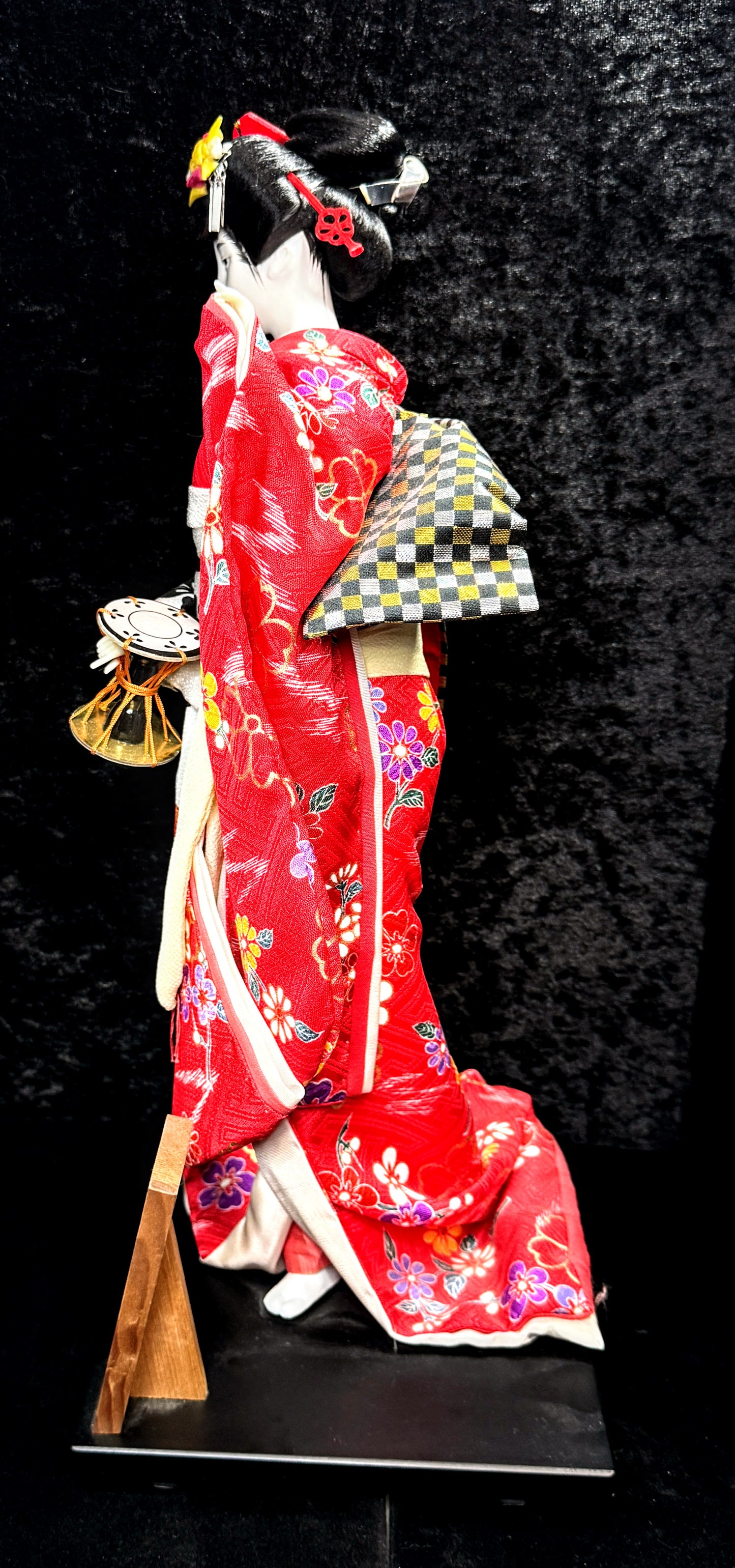 Japanese Otafuku「お多福」Geisha tsuzumi (鼓) hand drum Kimono Doll 16.5” c1950 A942