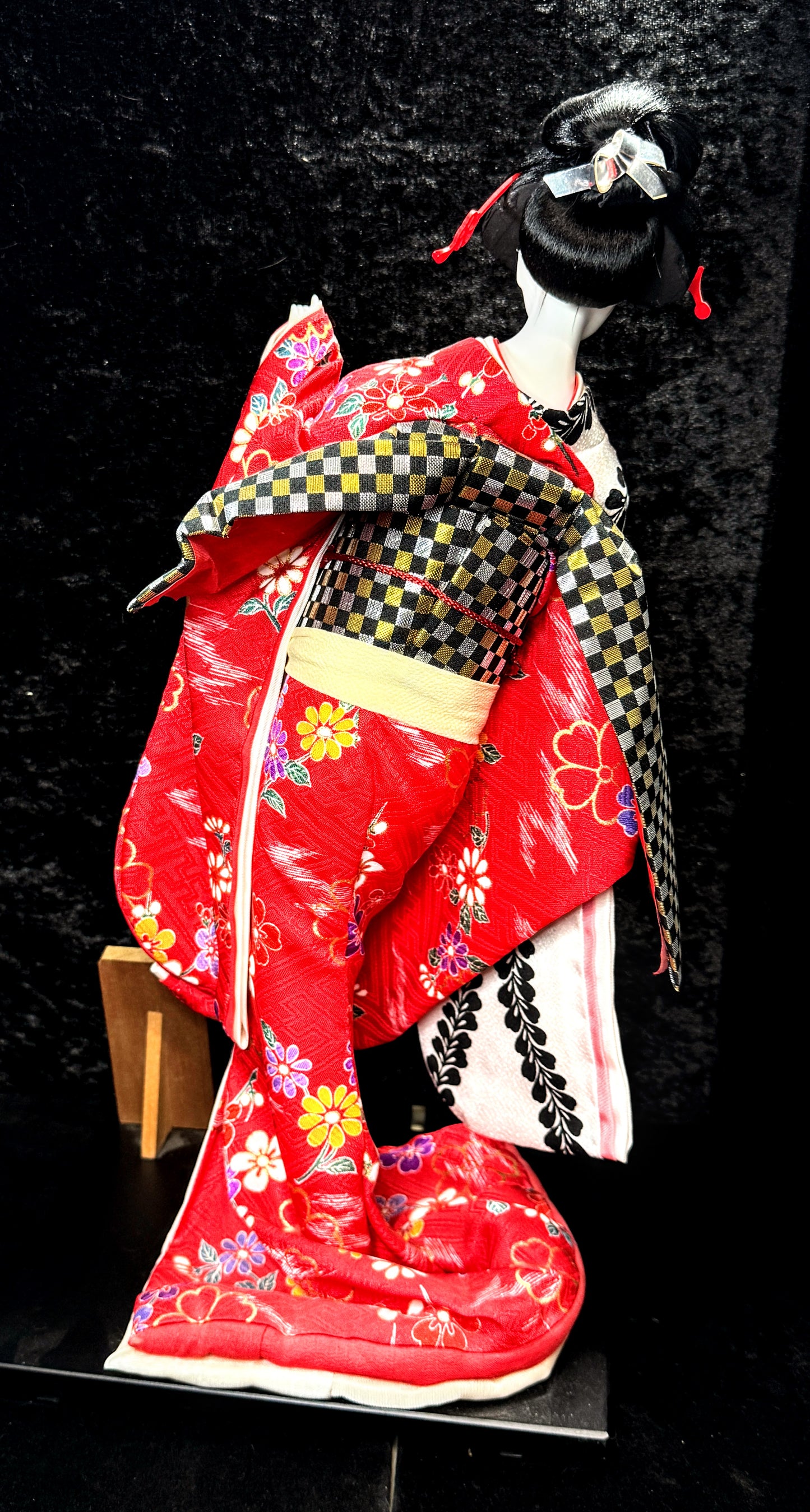 Japanese Otafuku「お多福」Geisha tsuzumi (鼓) hand drum Kimono Doll 16.5” c1950 A942
