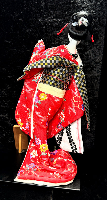 Japanese Otafuku「お多福」Geisha tsuzumi (鼓) hand drum Kimono Doll 16.5” c1950 A942