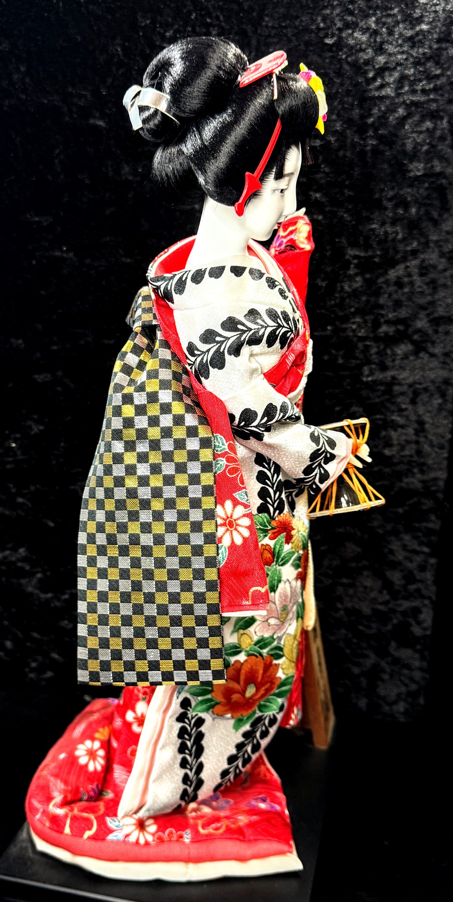 Japanese Otafuku「お多福」Geisha tsuzumi (鼓) hand drum Kimono Doll 16.5” c1950 A942
