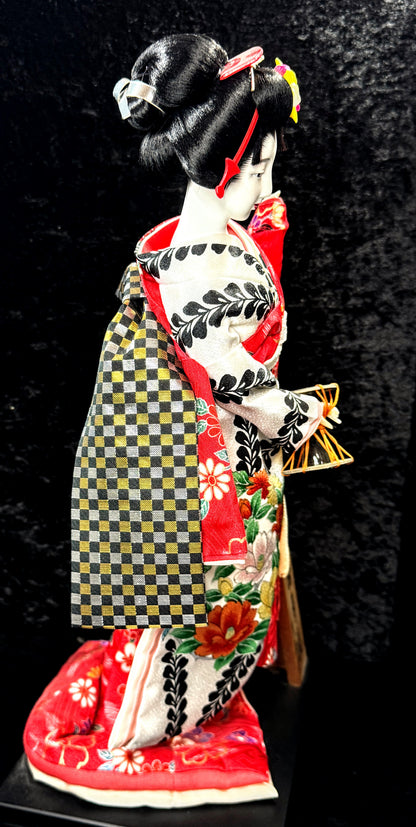 Japanese Otafuku「お多福」Geisha tsuzumi (鼓) hand drum Kimono Doll 16.5” c1950 A942