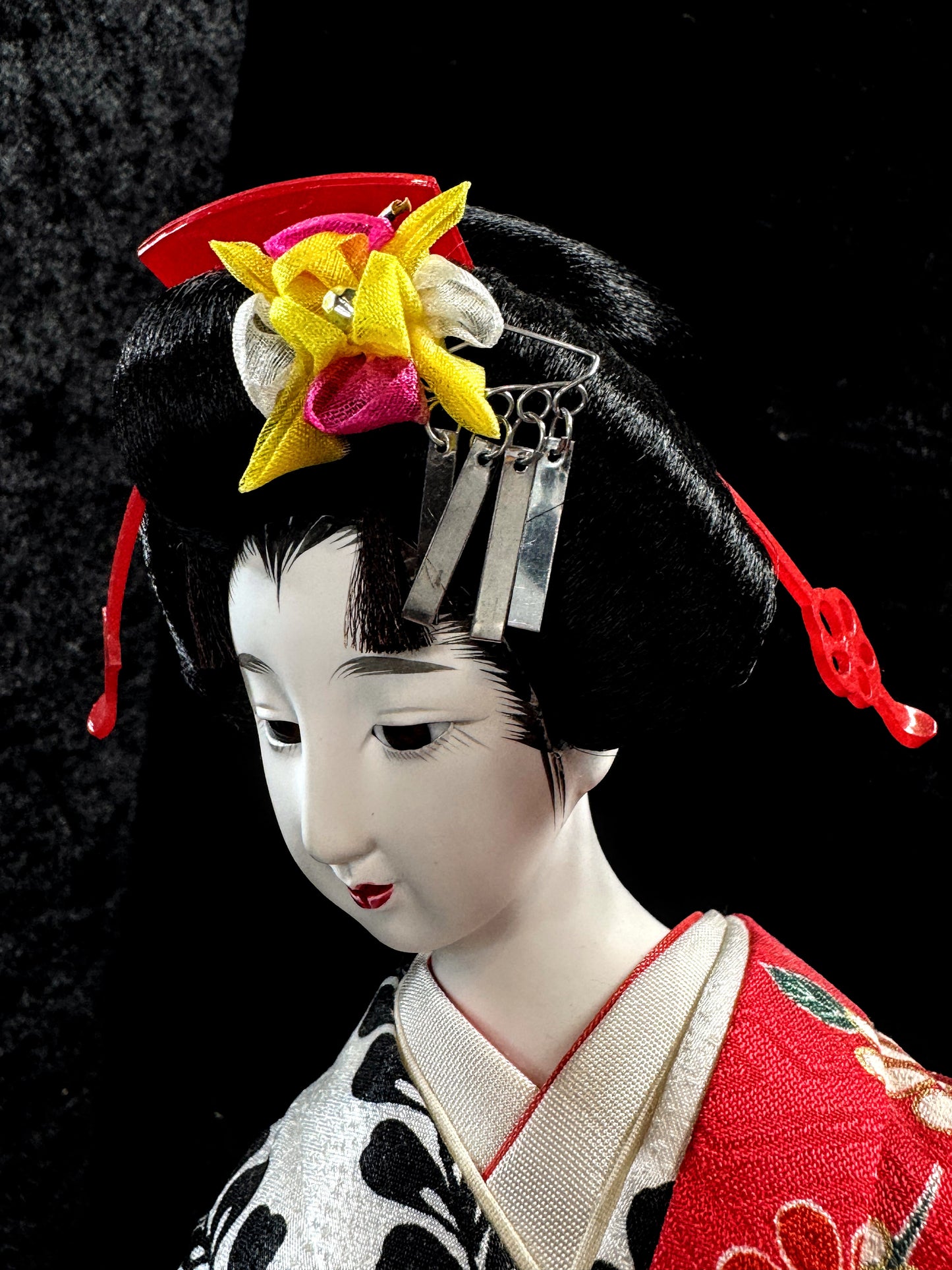 Japanese Otafuku「お多福」Geisha tsuzumi (鼓) hand drum Kimono Doll 16.5” c1950 A942