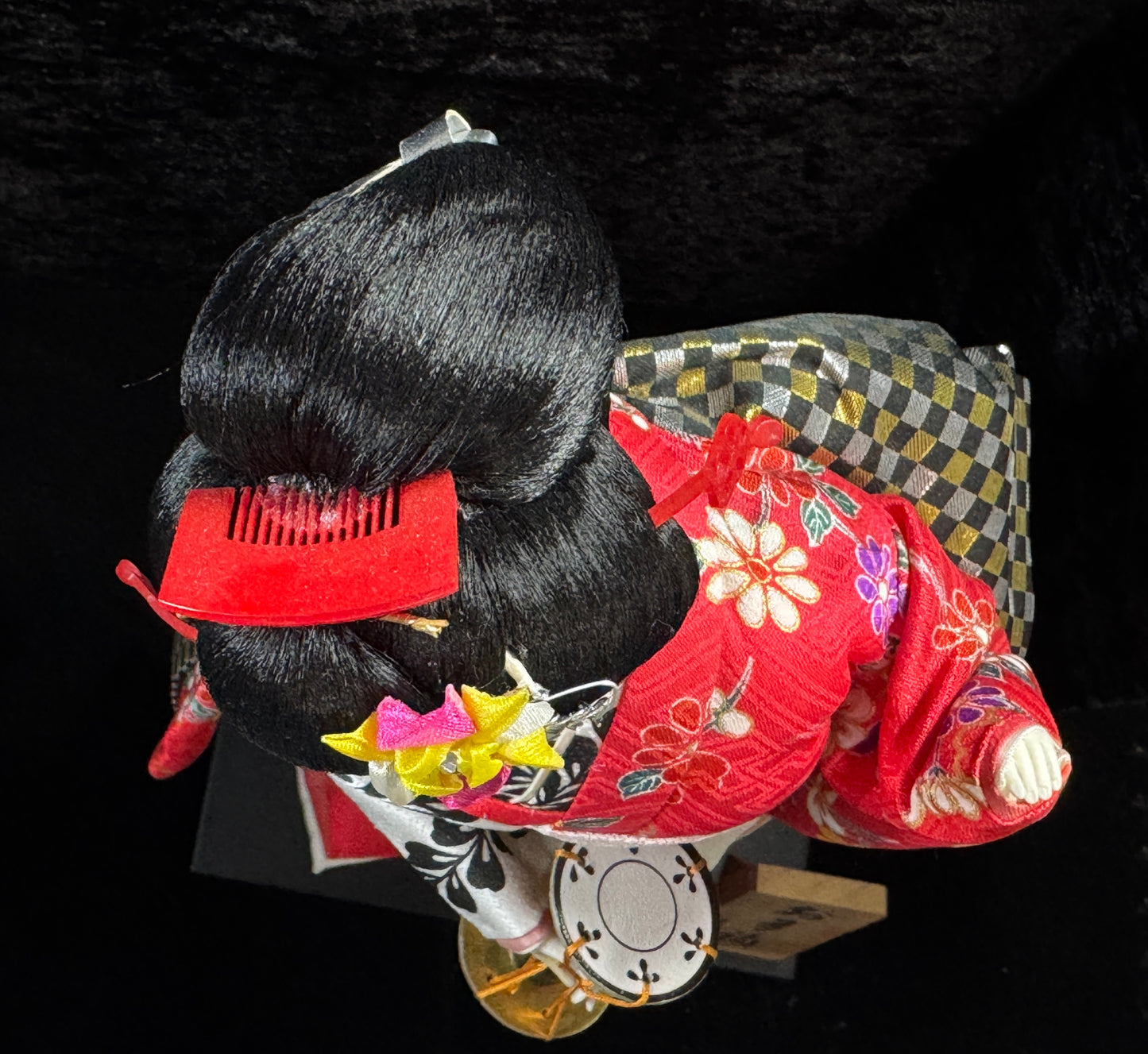 Japanese Otafuku「お多福」Geisha tsuzumi (鼓) hand drum Kimono Doll 16.5” c1950 A942