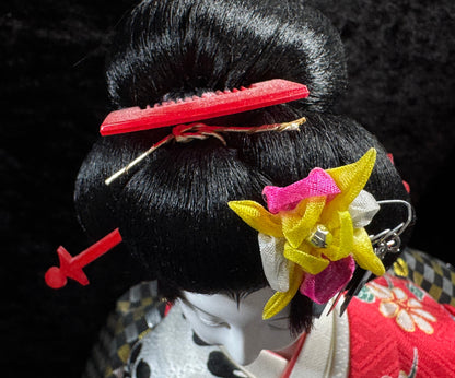 Japanese Otafuku「お多福」Geisha tsuzumi (鼓) hand drum Kimono Doll 16.5” c1950 A942