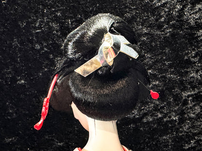 Japanese Otafuku「お多福」Geisha tsuzumi (鼓) hand drum Kimono Doll 16.5” c1950 A942