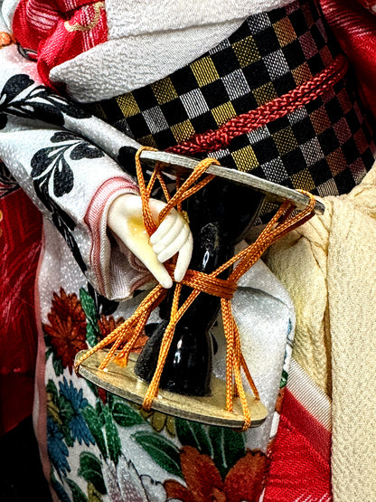 Japanese Otafuku「お多福」Geisha tsuzumi (鼓) hand drum Kimono Doll 16.5” c1950 A942