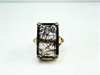 Vintage Black Rutilated Quartz Sterling Silver Statement Ring JR1526