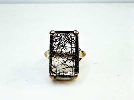 Vintage Black Rutilated Quartz Sterling Silver Statement Ring JR1526