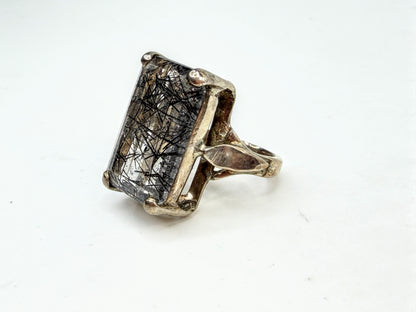 Vintage Black Rutilated Quartz Sterling Silver Statement Ring JR1526