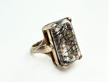 Vintage Black Rutilated Quartz Sterling Silver Statement Ring JR1526