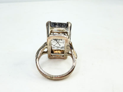 Vintage Black Rutilated Quartz Sterling Silver Statement Ring JR1526