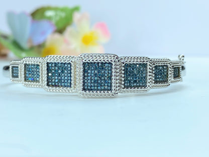 Stunning Sterling Silver 925 1.0ctw Fancy Blue Diamond Bangle 6.5" JR0024