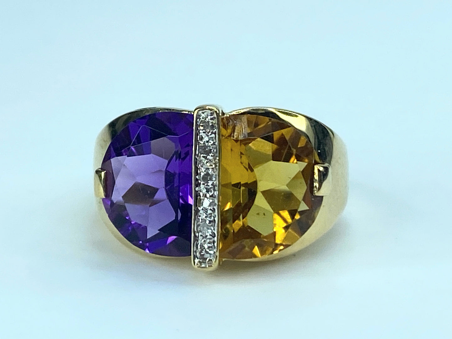 Nabco 14k Half Moon Amethyst Citrine & Diamonds Accent ring s6.5 5.3g JR9185