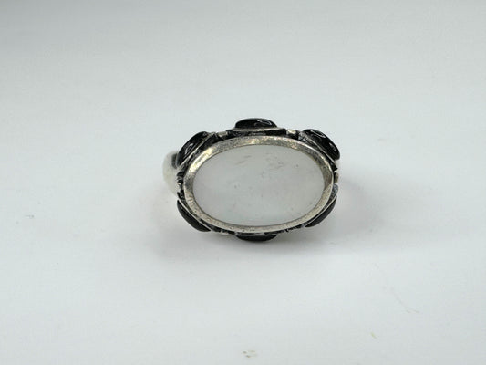 Signed pretty sterling 925 MOP Onyx cabochon border ring 5.2g s6.5 JR9418