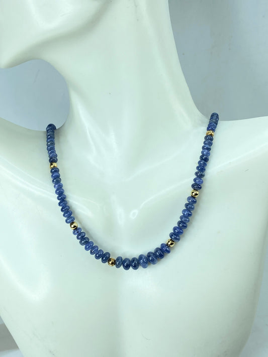 18K Gold Untreated Smooth Blue Sapphire Smooth Rondelle Necklace JR990