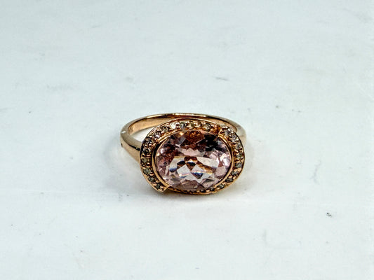 Vintage 10K Rose Gold Morganite & Diamond Halo Ring JR1529