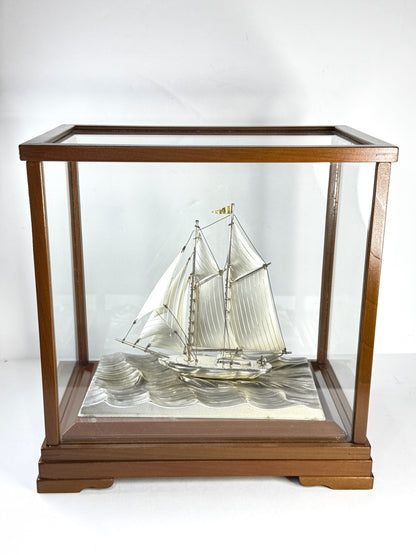 Vintage Japanese Sterling Silver 950 Junk Ship Figurine in Glass Case SS332