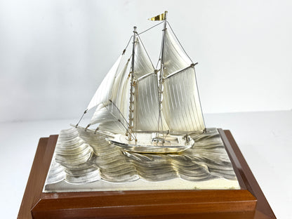 Vintage Japanese Sterling Silver 950 Junk Ship Figurine in Glass Case SS332