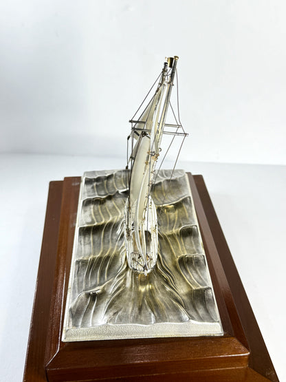 Vintage Japanese Sterling Silver 950 Junk Ship Figurine in Glass Case SS332
