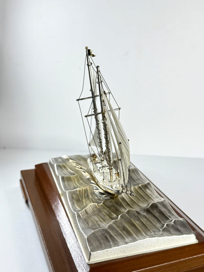 Vintage Japanese Sterling Silver 950 Junk Ship Figurine in Glass Case SS332