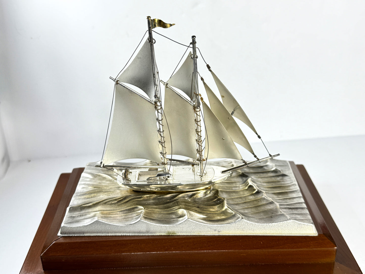 Vintage Japanese Sterling Silver 950 Junk Ship Figurine in Glass Case SS332