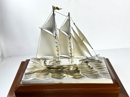 Vintage Japanese Sterling Silver 950 Junk Ship Figurine in Glass Case SS332