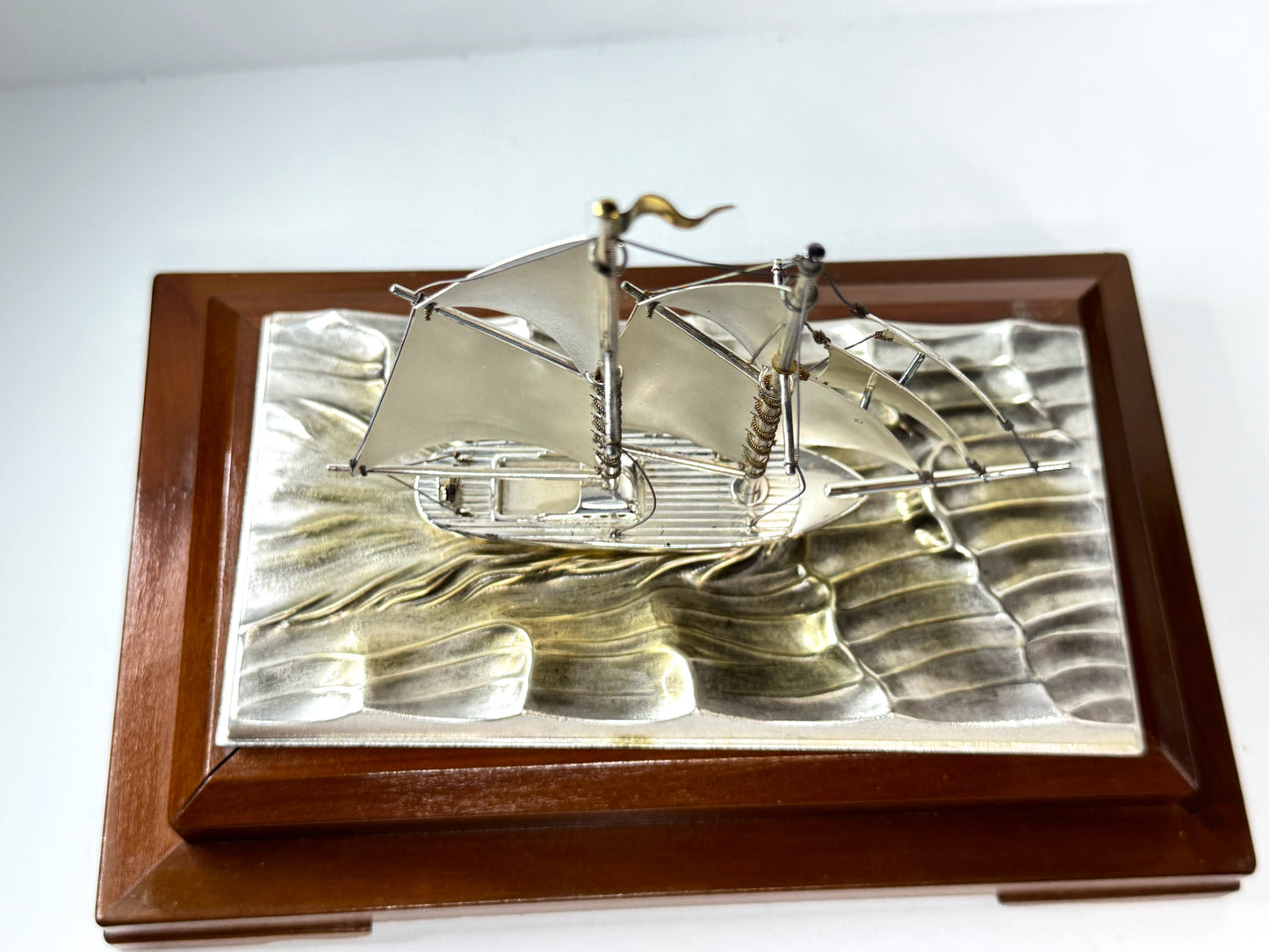 Vintage Japanese Sterling Silver 950 Junk Ship Figurine in Glass Case SS332