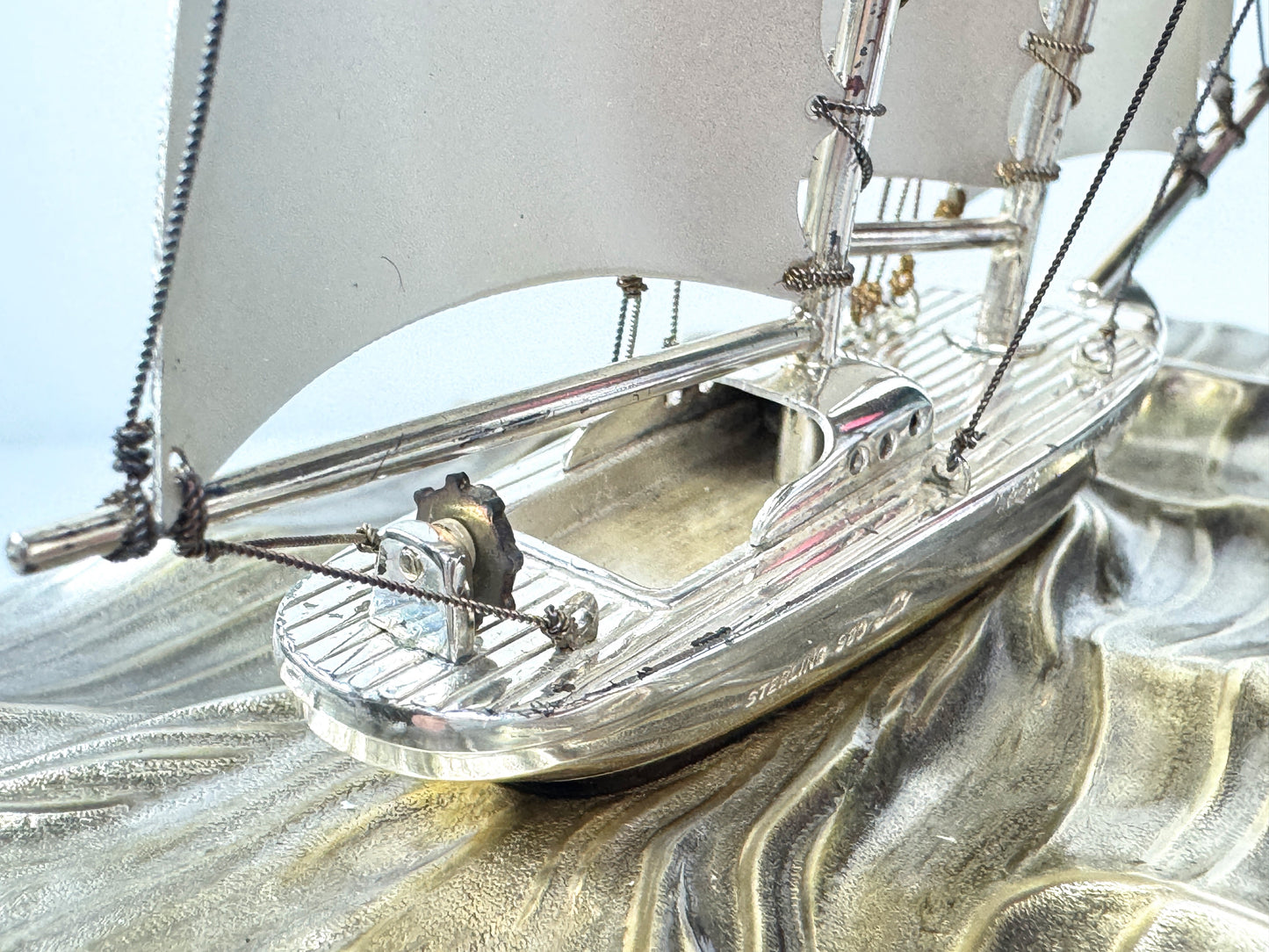 Vintage Japanese Sterling Silver 950 Junk Ship Figurine in Glass Case SS332