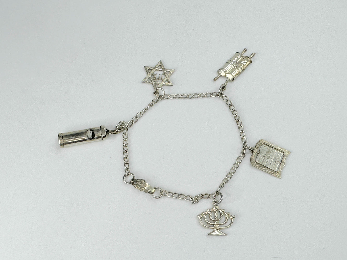 Sterling Silver Jewish Symbol Charm Bracelet Judaica 8.9g 7.0" JR9420