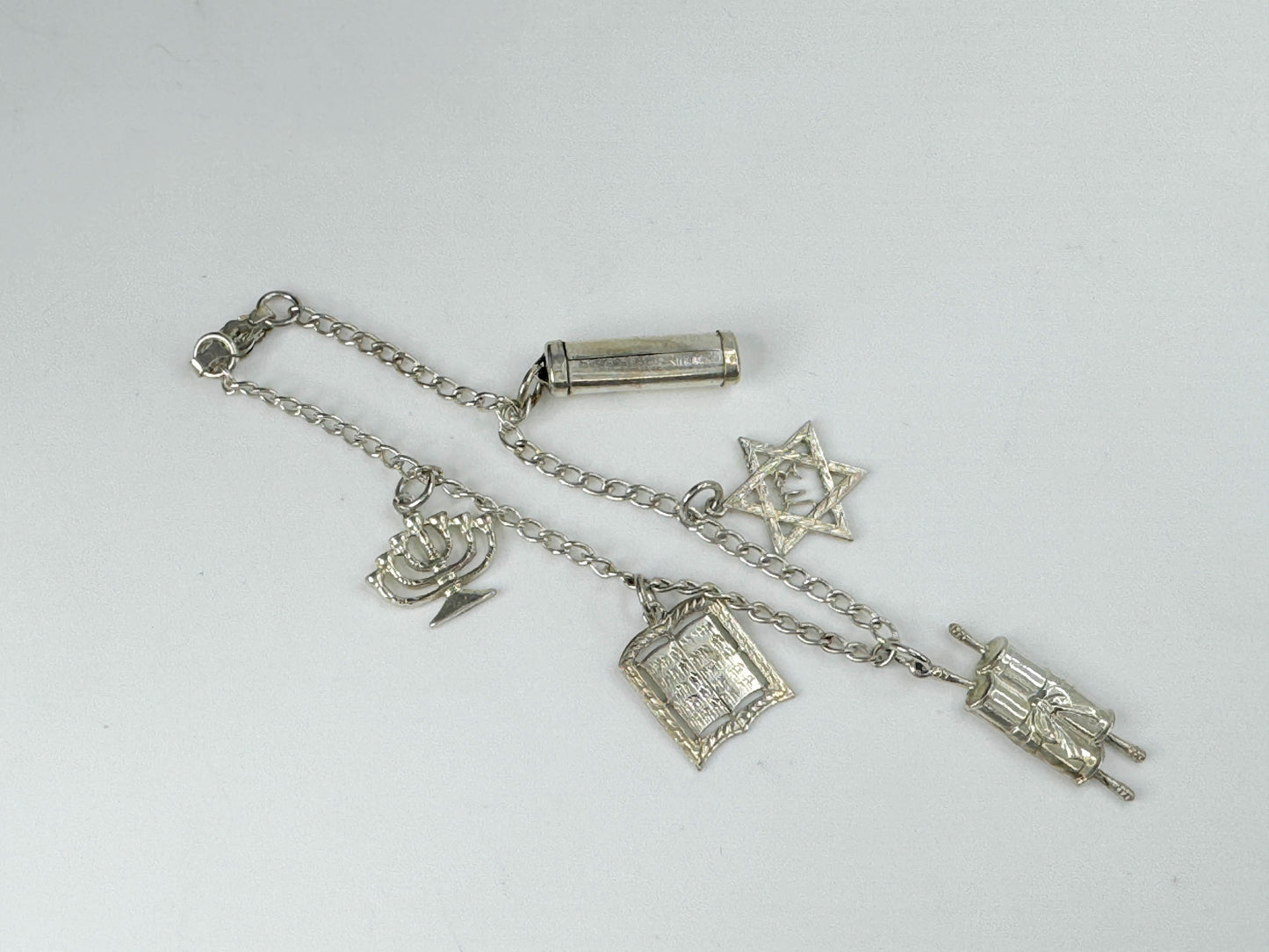 Sterling Silver Jewish Symbol Charm Bracelet Judaica 8.9g 7.0" JR9420