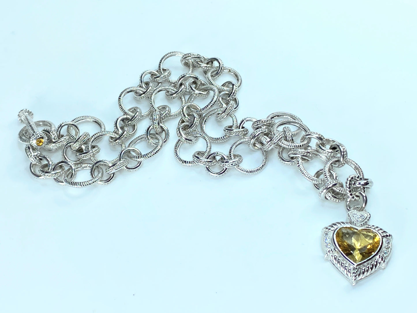 Judith Ripka Sterling texture link with Large Citrine Heart pendant 98.7g JR0027