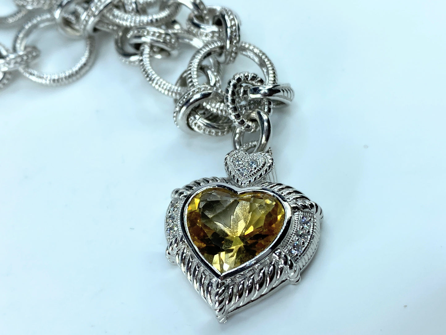 Judith Ripka Sterling texture link with Large Citrine Heart pendant 98.7g JR0027