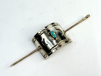 Signed vintage Navajo handmade sterling Stick silver barrette w/ turquoise SS28