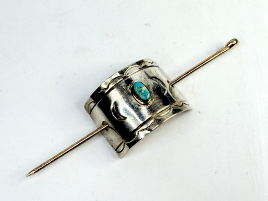 Signed vintage Navajo handmade sterling Stick silver barrette w/ turquoise SS28