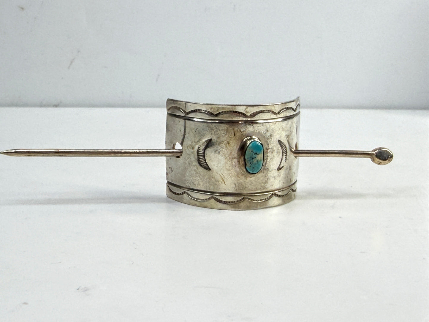 Signed vintage Navajo handmade sterling Stick silver barrette w/ turquoise SS28