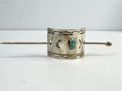 Signed vintage Navajo handmade sterling Stick silver barrette w/ turquoise SS28