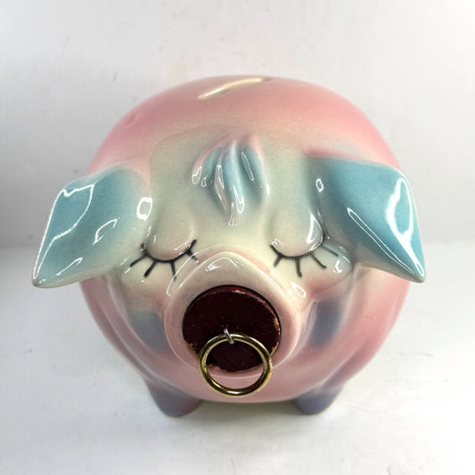 Rare Vintage Hull USA 1957 Corky Pig Bank Pink & Blue A951
