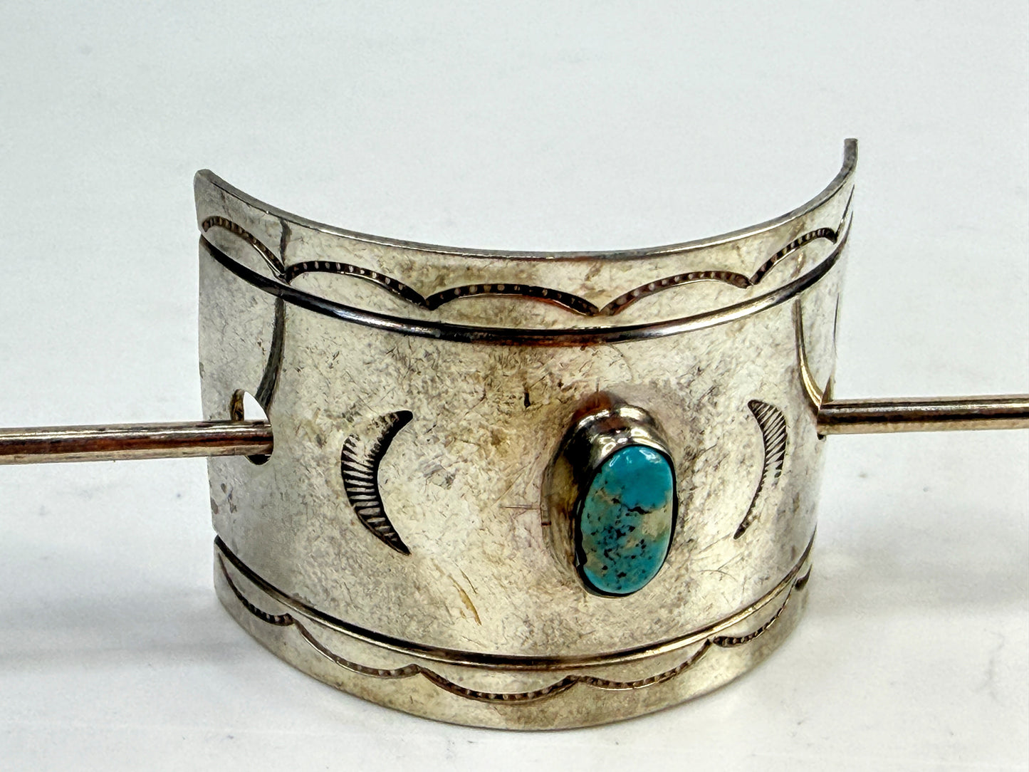 Signed vintage Navajo handmade sterling Stick silver barrette w/ turquoise SS28