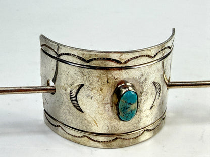 Signed vintage Navajo handmade sterling Stick silver barrette w/ turquoise SS28
