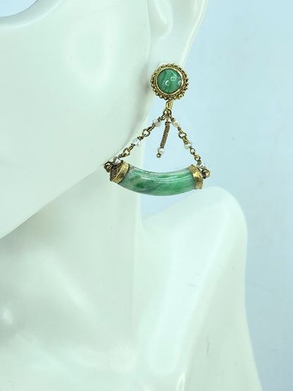 Mid-Century 14K Gold Jadeite & Seed Pearl Screw-Back Dangle Earrings 7.9g