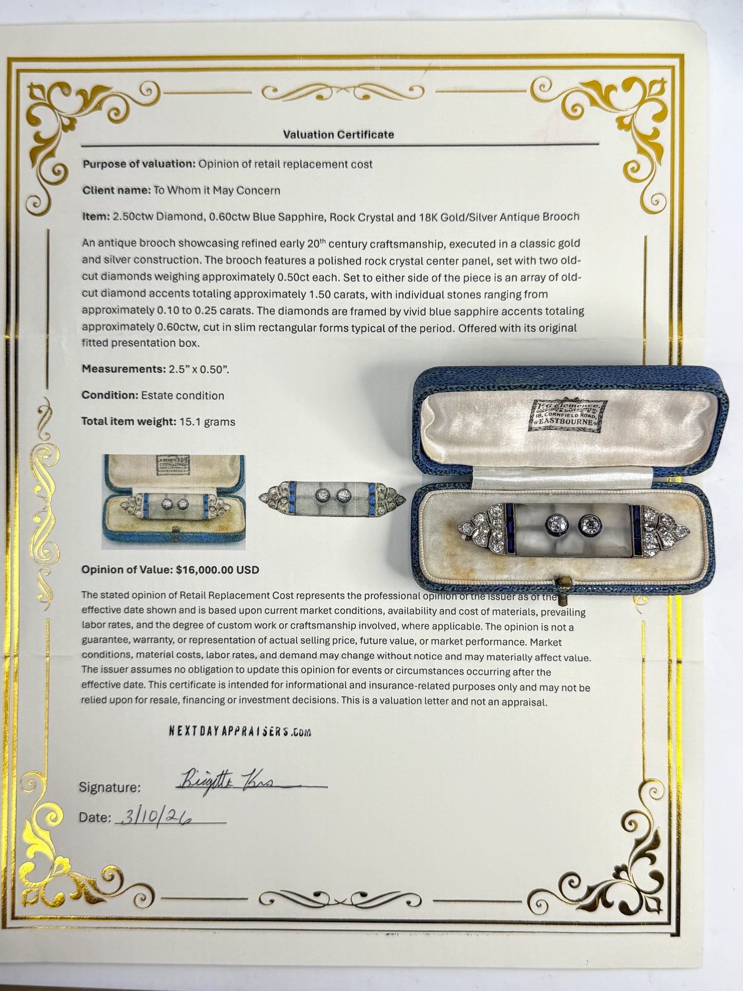 Art Deco Rock Crystal 2.5ct Old Euro cut Diamond Sapphire Brooch 18K Gold JR1533