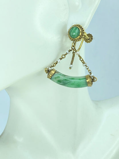 Mid-Century 14K Gold Jadeite & Seed Pearl Screw-Back Dangle Earrings 7.9g