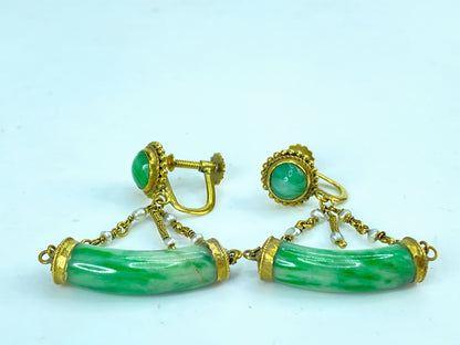 Mid-Century 14K Gold Jadeite & Seed Pearl Screw-Back Dangle Earrings 7.9g