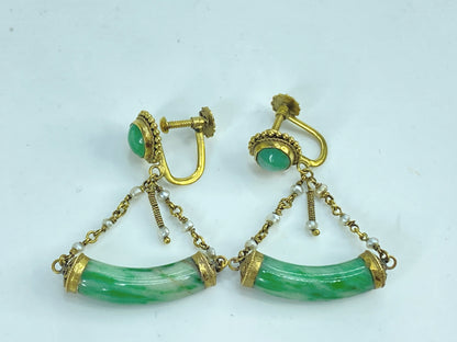 Mid-Century 14K Gold Jadeite & Seed Pearl Screw-Back Dangle Earrings 7.9g