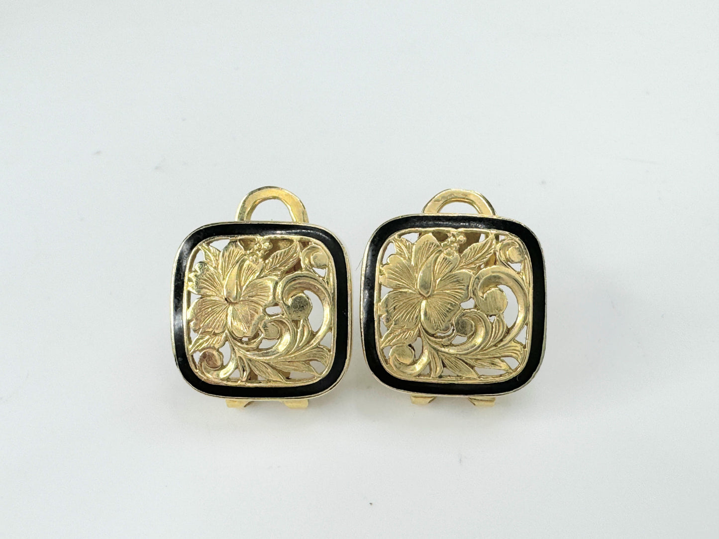 14K Hawaiian Earrings - Heritage black enamel Plumeria filigree etching JR9424