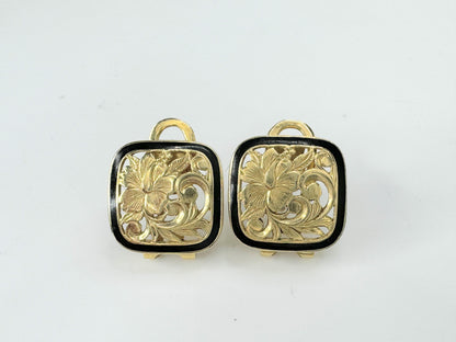 14K Hawaiian Earrings - Heritage black enamel Plumeria filigree etching JR9424