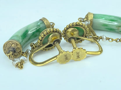 Mid-Century 14K Gold Jadeite & Seed Pearl Screw-Back Dangle Earrings 7.9g
