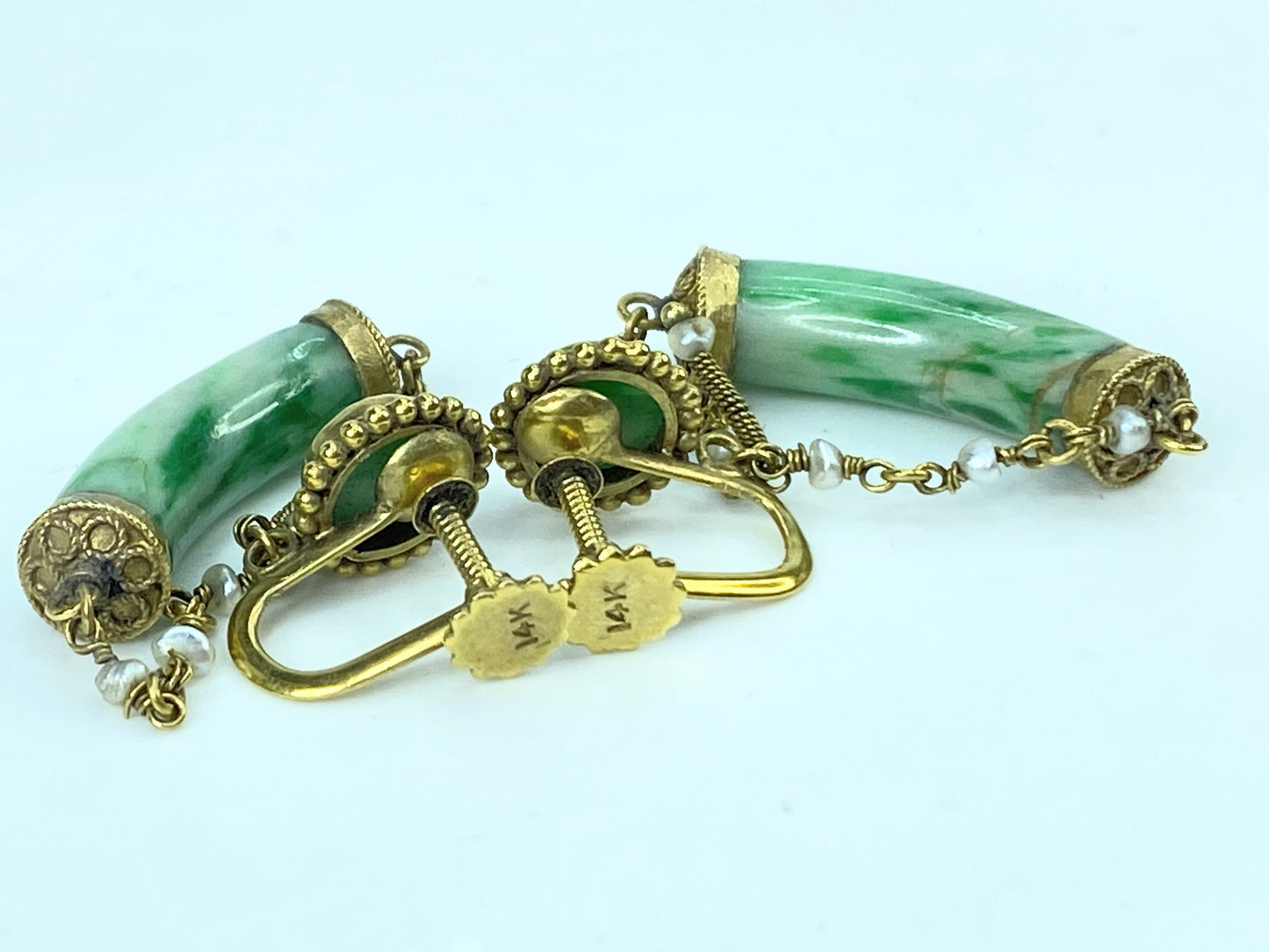 Mid-Century 14K Gold Jadeite & Seed Pearl Screw-Back Dangle Earrings 7.9g