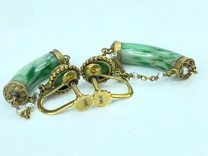 Mid-Century 14K Gold Jadeite & Seed Pearl Screw-Back Dangle Earrings 7.9g